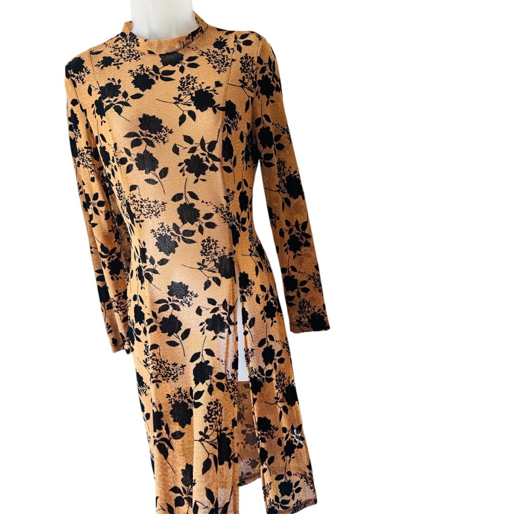 Whimsigoth Dress Sz S Sheer brown Black embossed floral thigh slits long sleeve